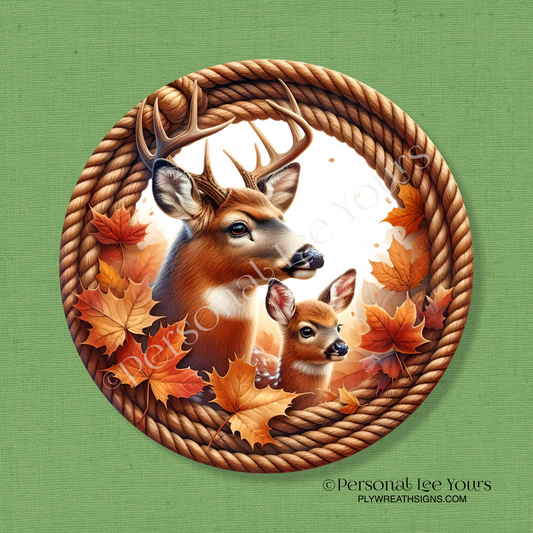 Wreath Sign *  Buck and Fawn, Fall * Round * Lightweight Metal