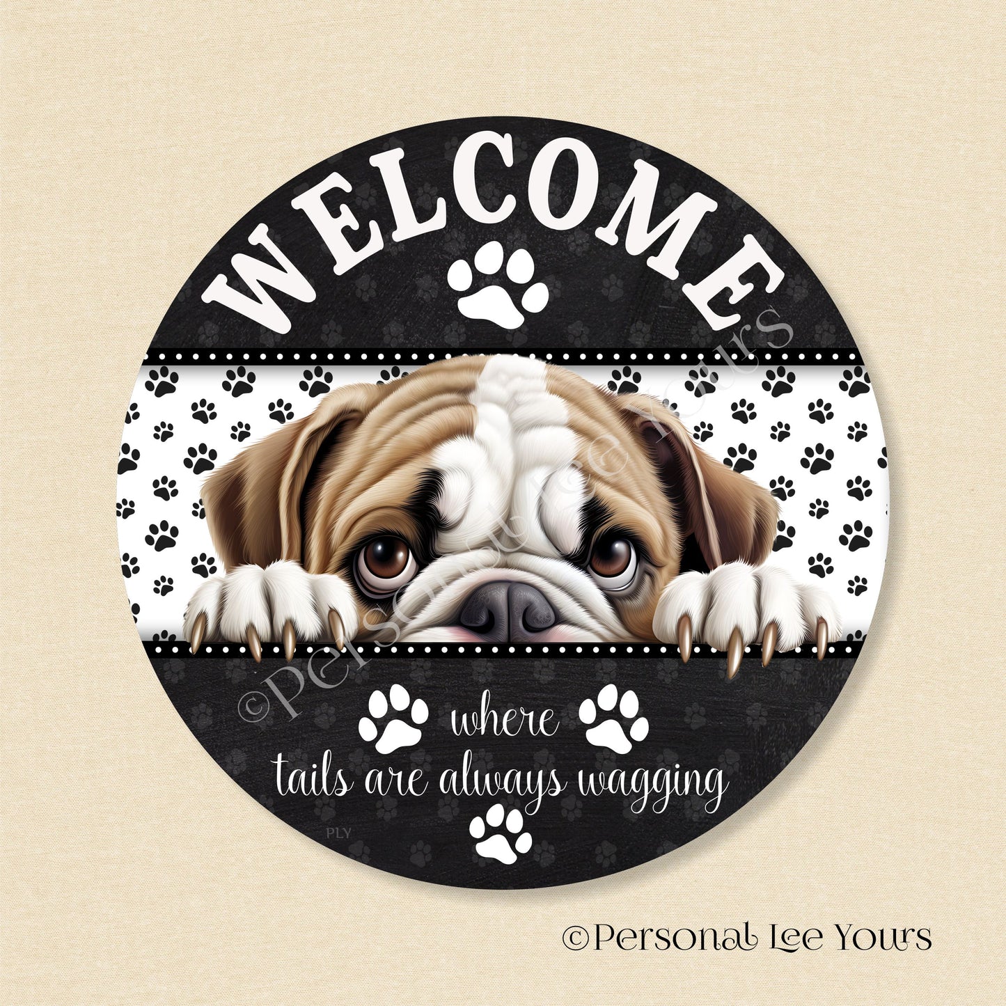 Peeking Pups Wreath Sign * Bulldog *  Round * Lightweight Metal