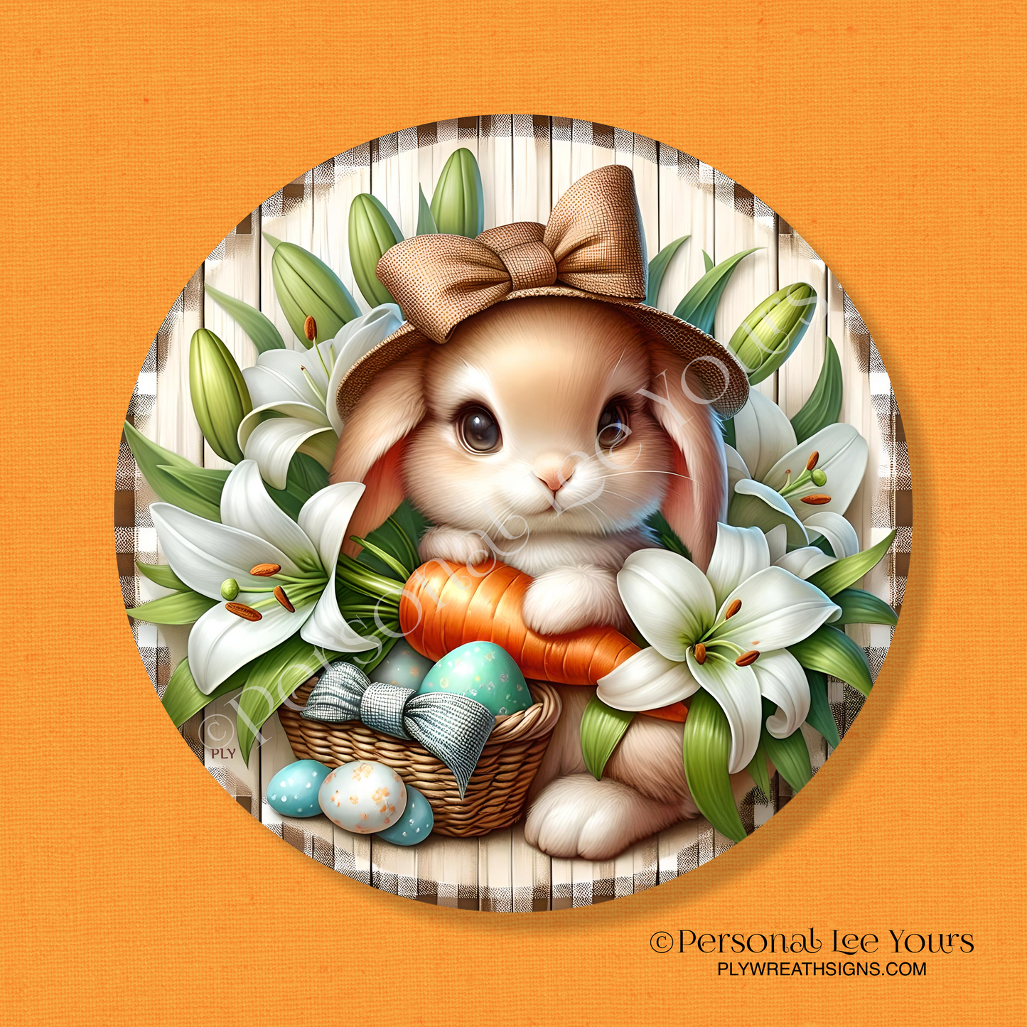 Easter Wreath Sign * Cute Bunny with Carrot * Round * Lightweight Metal