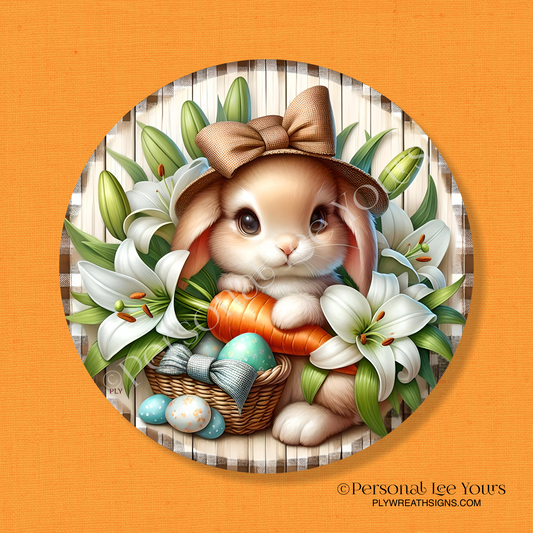 Easter Wreath Sign * Cute Bunny with Carrot * Round * Lightweight Metal