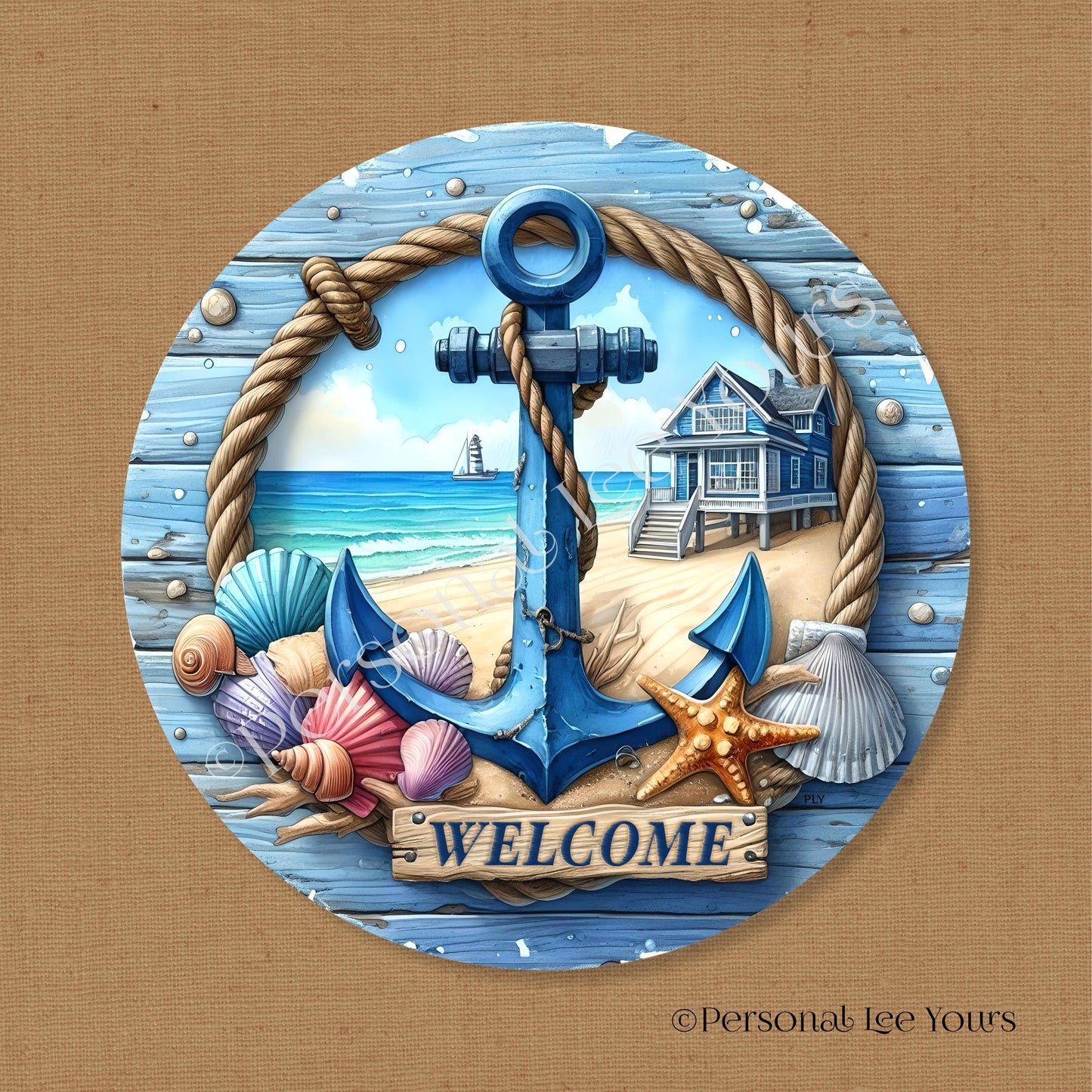 Wreath Sign * Coastal Welcome *  Round * Lightweight Metal