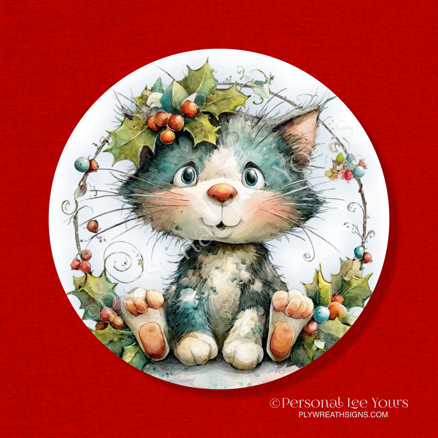 Holiday Wreath Sign * Cute Little Christmas Cat * Round * Lightweight Metal