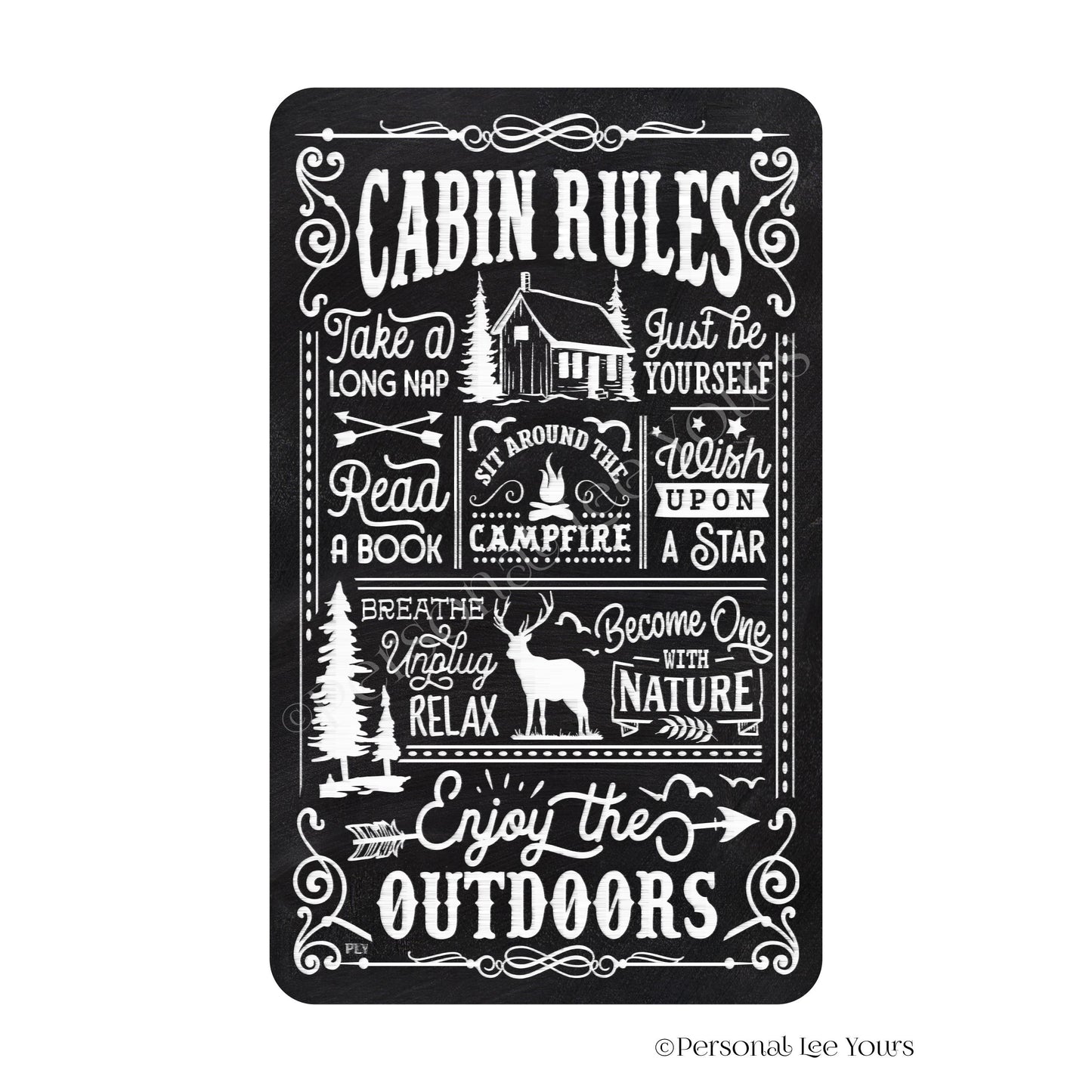 Wreath Sign * Cabin Rules * Vertical * Lightweight Metal * Black, Red or Blue