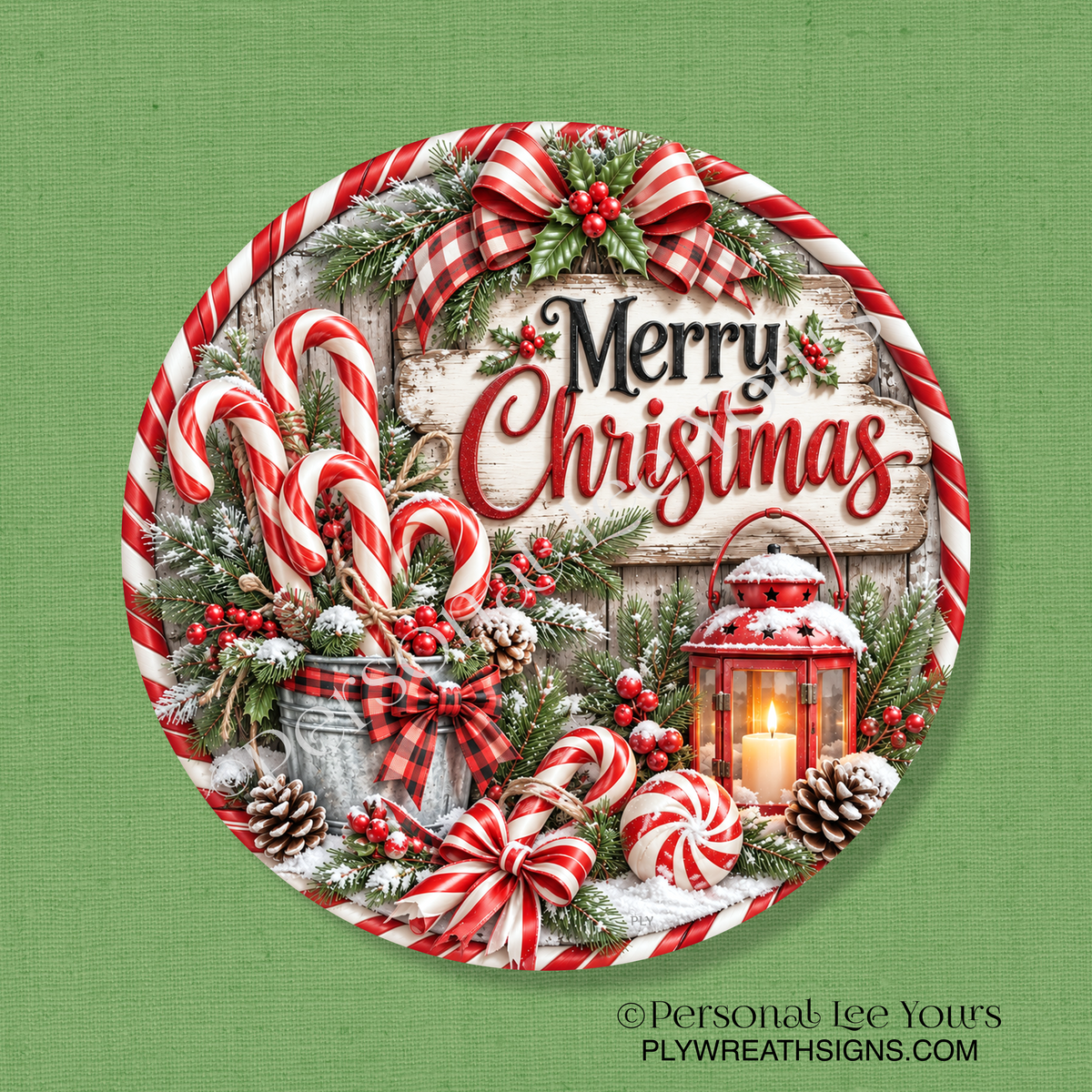 Holiday Wreath Sign * Candy Cane Christmas * Round * Lightweight Metal