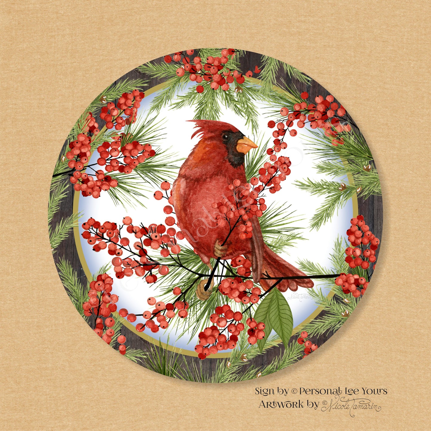 Nicole Tamarin Exclusive Sign * Cardinal On Berries * Round * Lightweight Metal