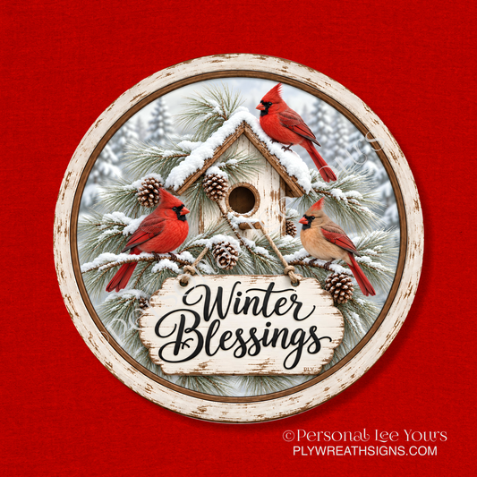 Holiday Wreath Sign * Cardinals Winter Blessings * Round * Lightweight Metal