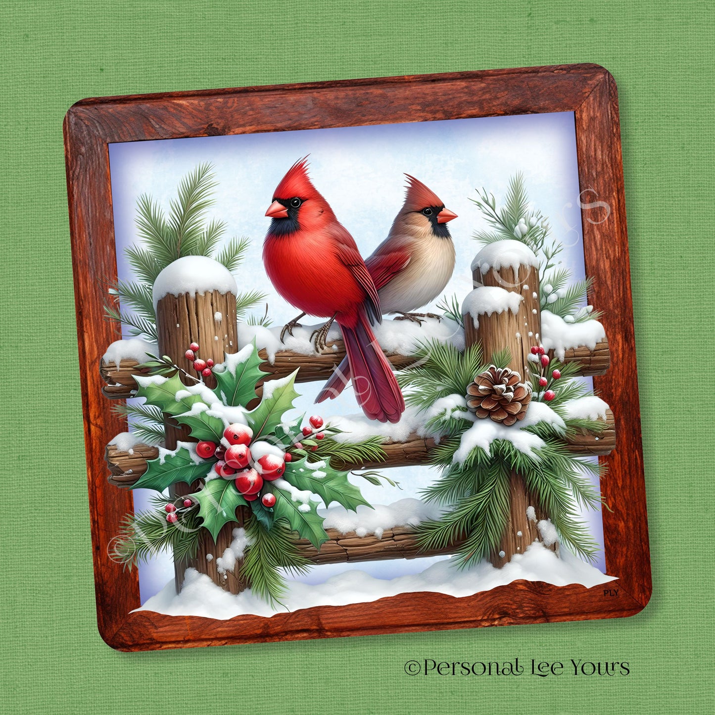 Holiday Wreath Sign * Cardinals On The Fence * Square * 3 Sizes * Lightweight Metal