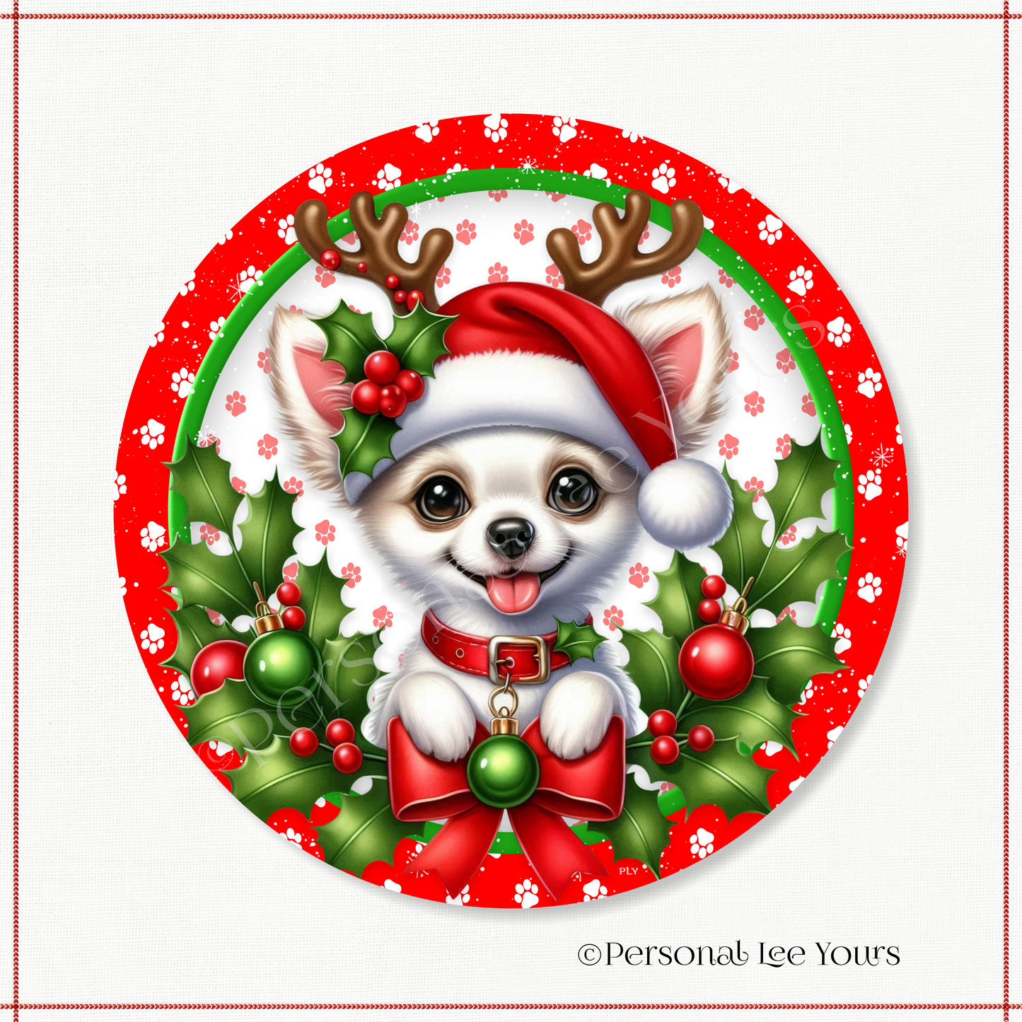 Holiday Wreath Sign * Christmas, Chihuahua * Round * Lightweight Metal