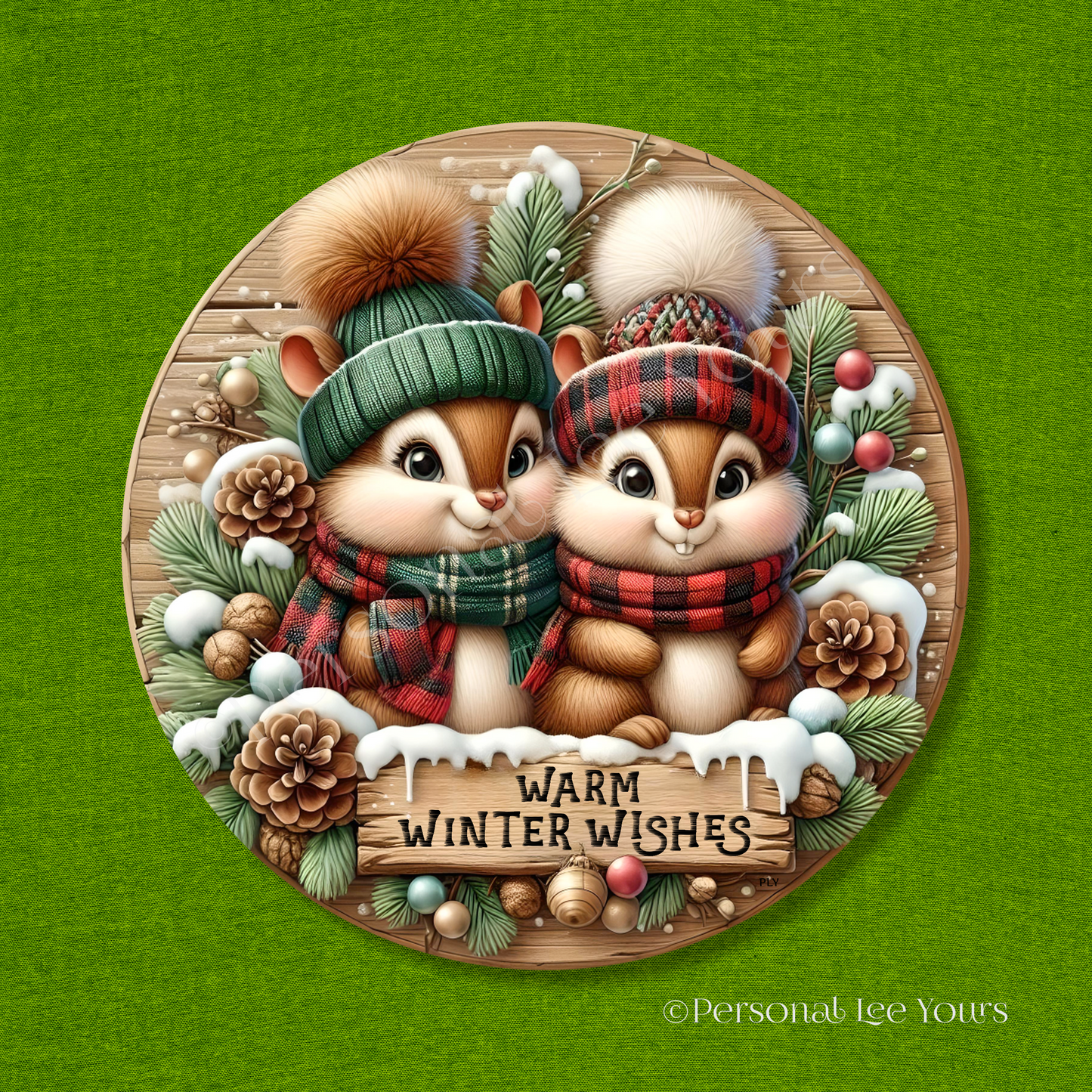 Winter Wreath Sign * Chipmunks, Warm Winter Wishes * Round * Lightweight Metal