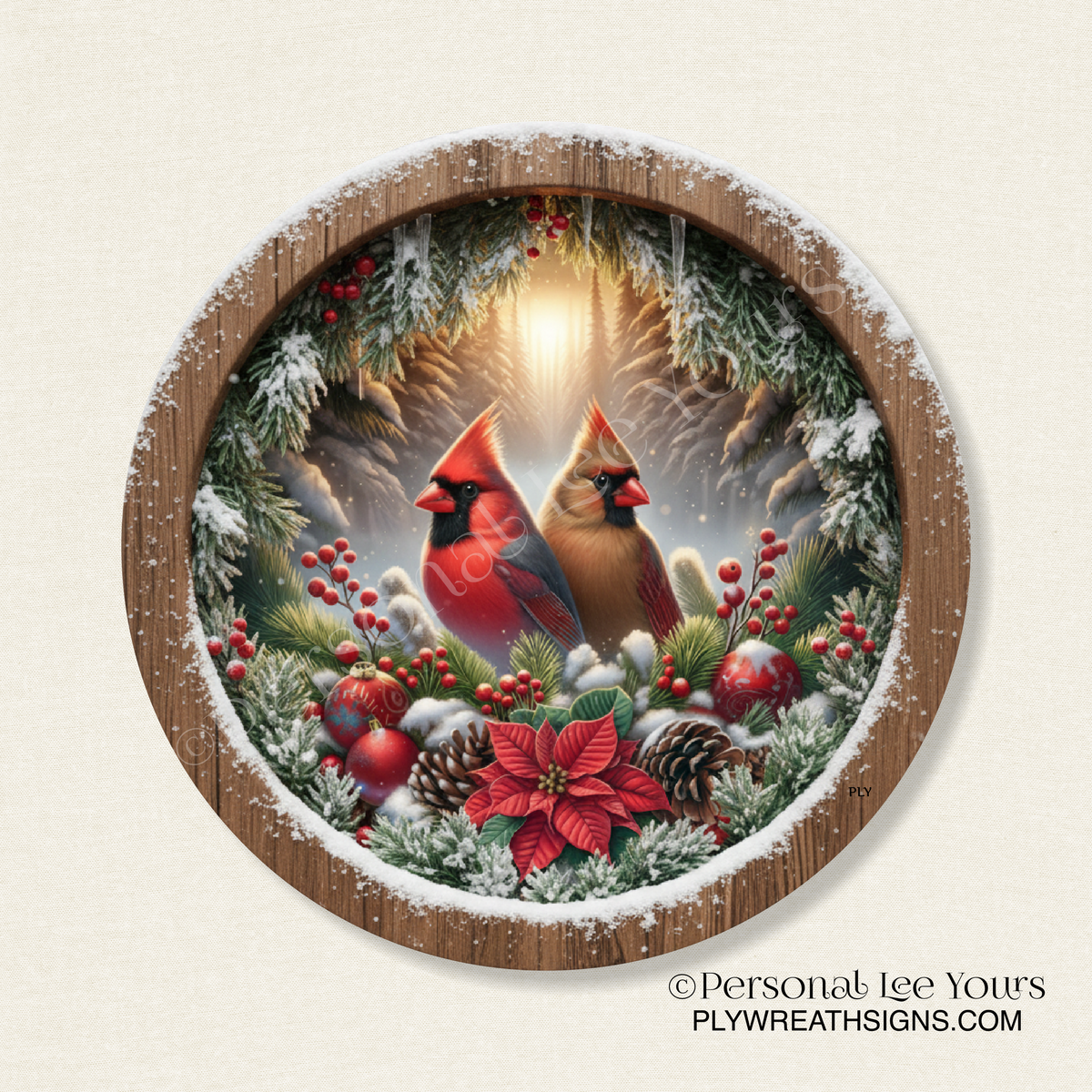 Holiday Wreath Sign * Christmas Cardinals * Round * Lightweight Metal