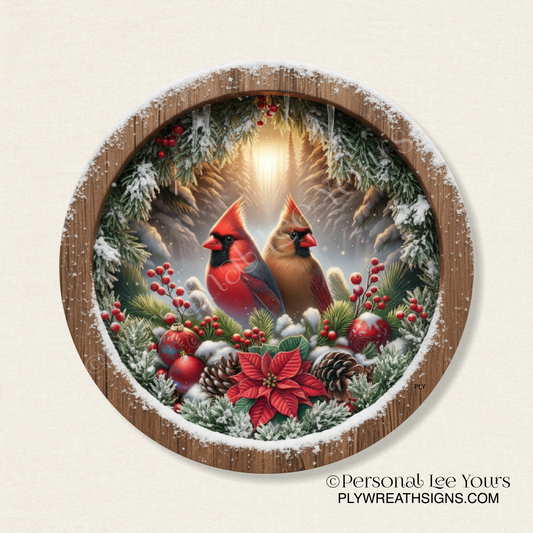Holiday Wreath Sign * Christmas Cardinals * Round * Lightweight Metal
