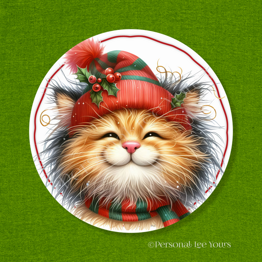 Holiday Wreath Sign * Christmas Cat, Smiles * Round * Lightweight Metal