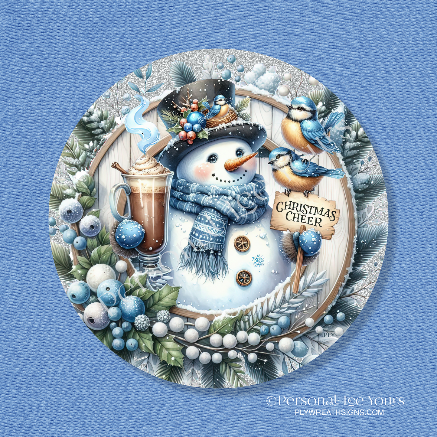 Winter Wreath Sign * Christmas Cheer Snowman 2* Round * Lightweight Metal