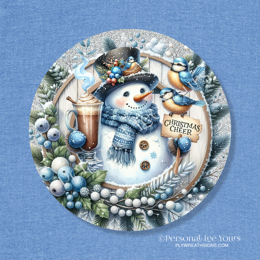 Winter Wreath Sign * Christmas Cheer Snowman 2* Round * Lightweight Metal