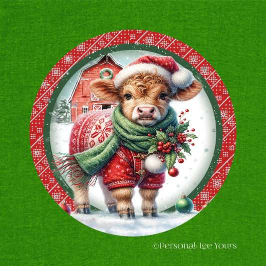 Holiday/Winter Wreath Sign * Christmas Farm Animals, Highland Cow 1 * Round * Lightweight Metal