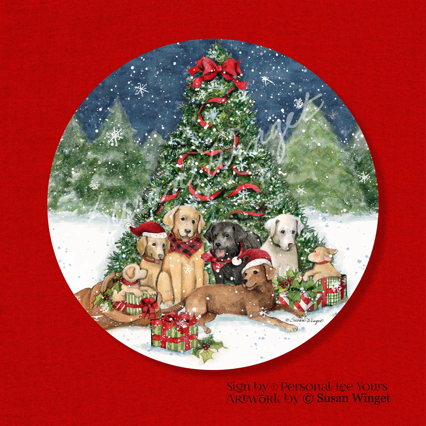 Susan Winget Exclusive Sign * Christmas K9 Family * Round * Lightweight Metal