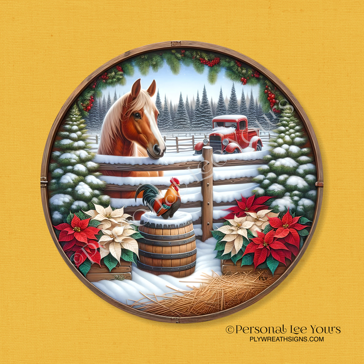 Winter Wreath Sign * Christmas Morning On The Farm * Round * Lightweight Metal