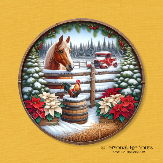 Winter Wreath Sign * Christmas Morning On The Farm * Round * Lightweight Metal