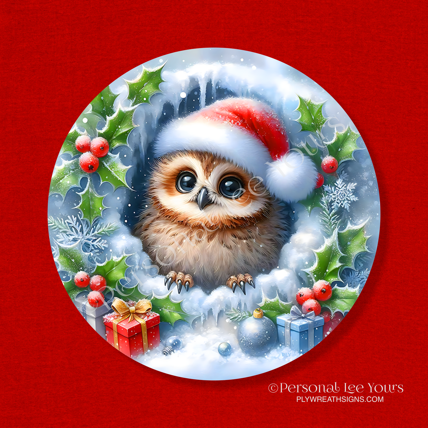 Wreath Sign * Christmas Owl * Round * Lightweight Metal