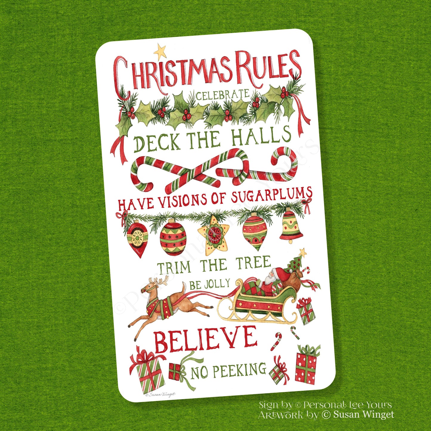 Susan Winget Exclusive Sign * Christmas Rules * Vertical * 4 Sizes * Lightweight Metal