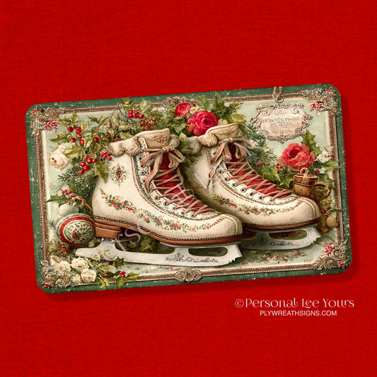 Holiday Wreath Sign * Vintage Christmas Skates * Horizontal * 3 Sizes * Lightweight Metal