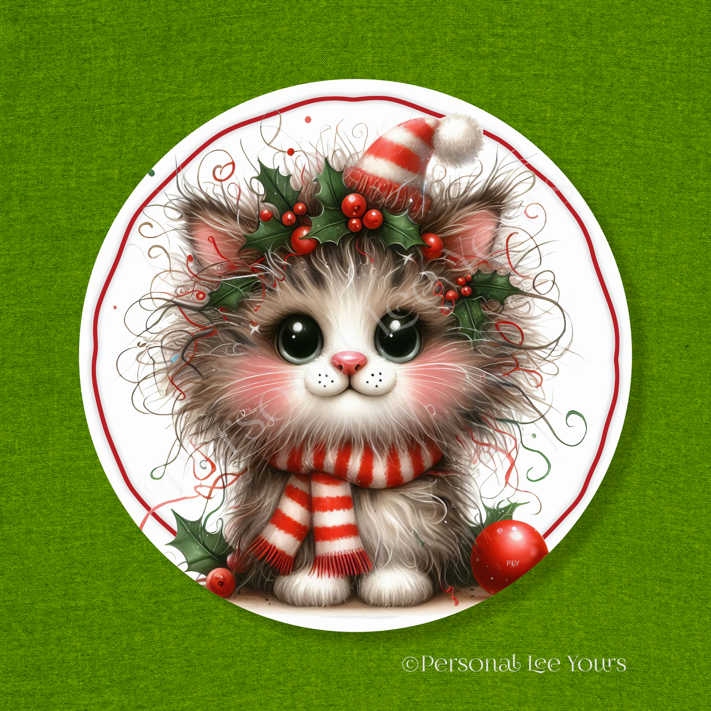 Holiday Wreath Sign * Christmas Cat, Ivy * Round * Lightweight Metal