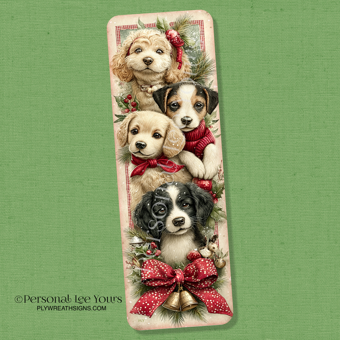 Winter Wreath Sign * Banner * Vintage Christmas Puppies * 4" x 12" * Lightweight Metal