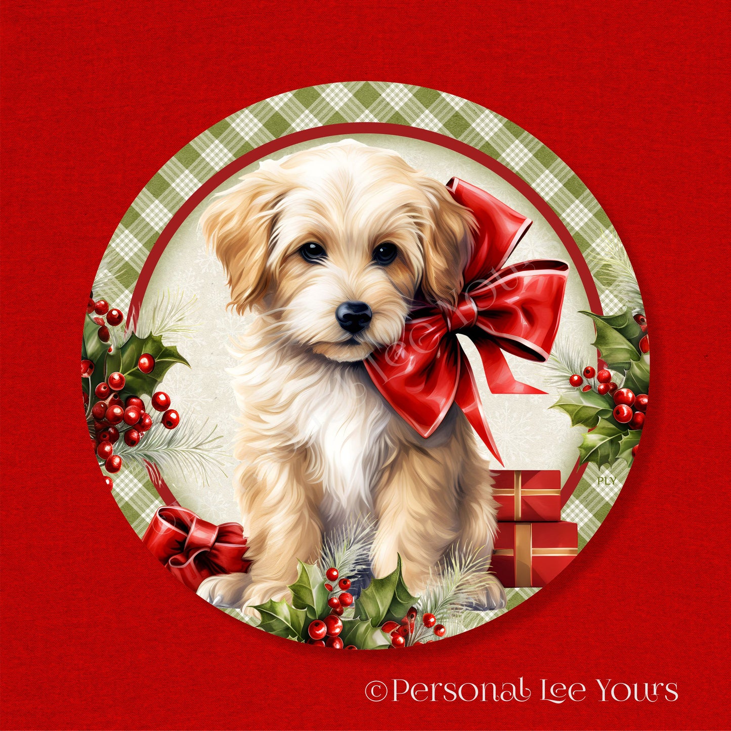 Holiday Wreath Sign * Christmas Puppy 4 *   Round * Lightweight Metal