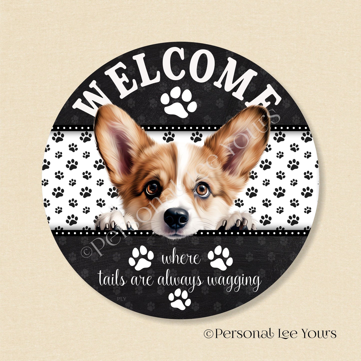 Peeking Pups Wreath Sign * Corgi *  Round * Lightweight Metal