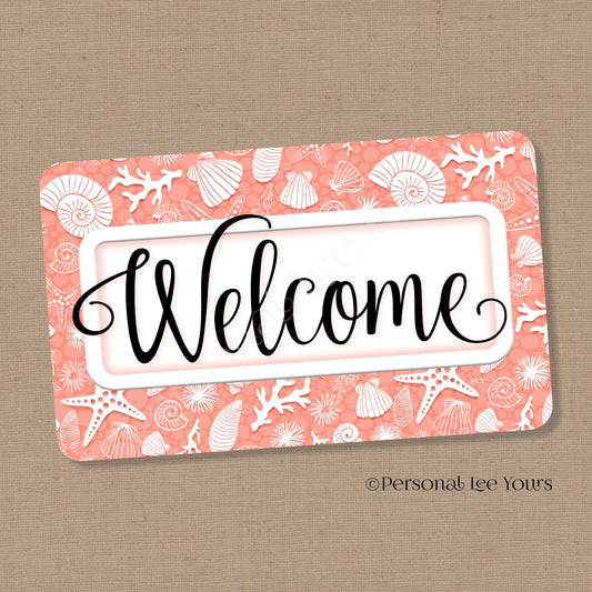 Simple Welcome Wreath Sign * Coastal Coral and White * Horizontal * Lightweight Metal