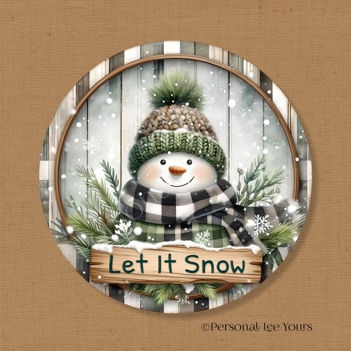 Holiday/Winter Wreath Sign * Cute Snowman, Let It Snow, Green * Round * Lightweight Metal