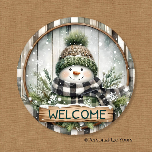 Holiday/Winter Wreath Sign * Cute Snowman, Welcome, Green * Round * Lightweight Metal