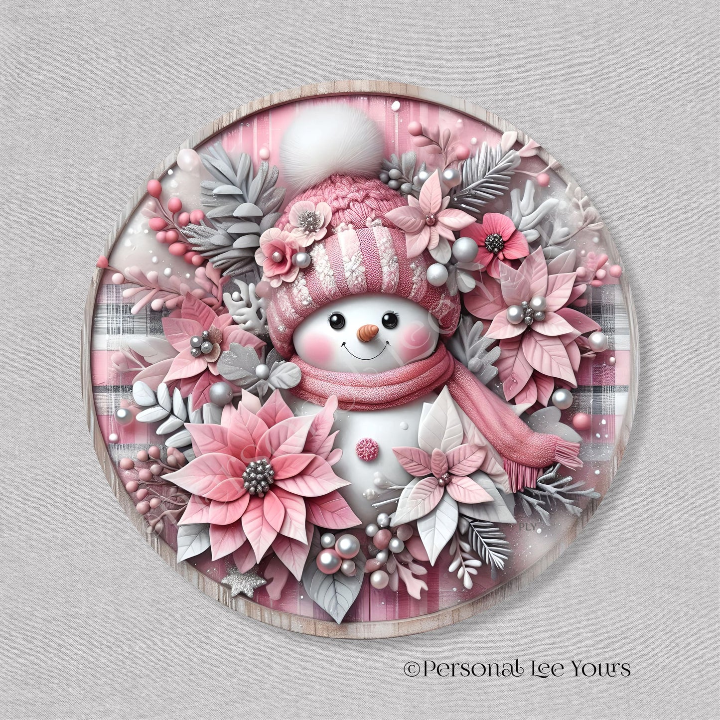 Holiday/Winter Wreath Sign * Cute Snowman In Pink * Round * Lightweight Metal