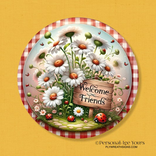 Wreath Sign * Daisies and Ladybugs * Round * Lightweight Metal