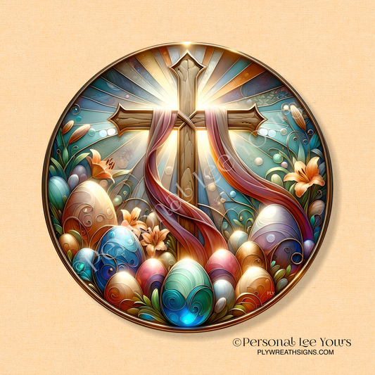 Wreath Sign * Easter, Cross and Eggs * Round * Lightweight Metal