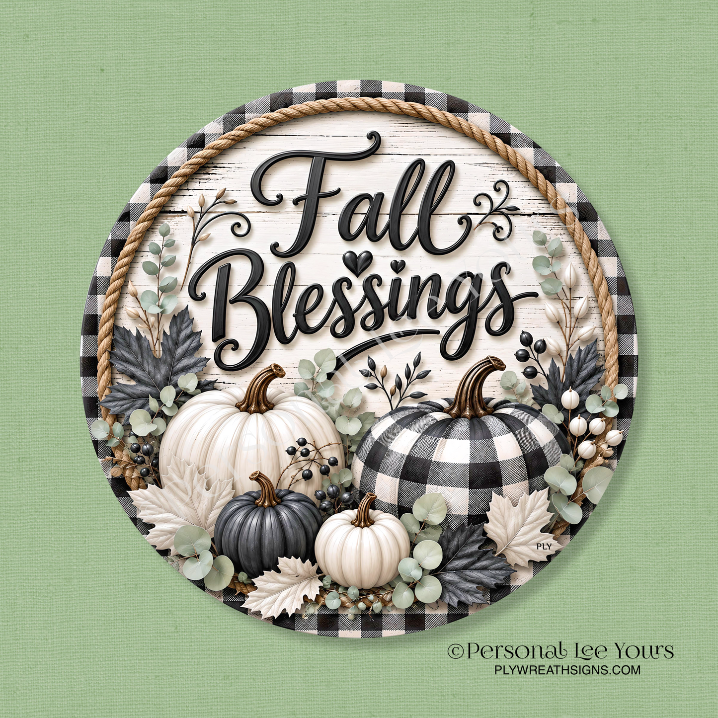 Wreath Sign *  Fall Blessings Black and Cream * Round * Lightweight Metal