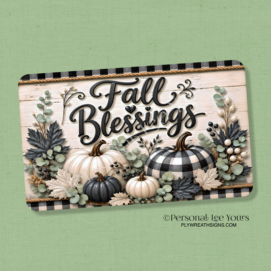 Wreath Sign * Fall Blessings Black and Cream * Horizontal *  3 Sizes * Lightweight Metal