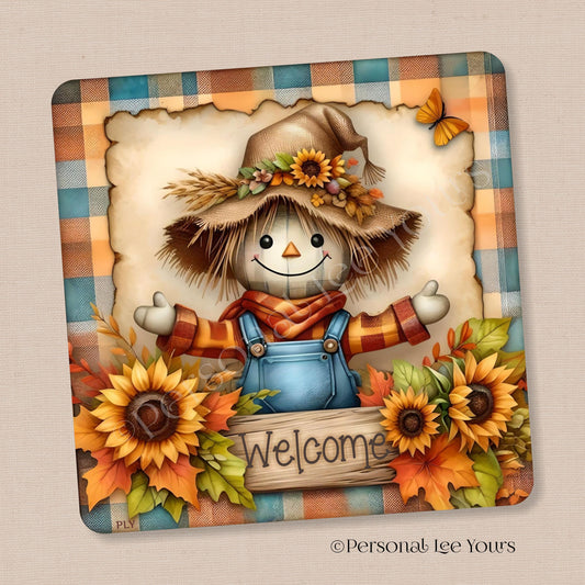 Wreath Sign * Fall Scarecrow Welcome * Square * 3 Sizes * Lightweight Metal