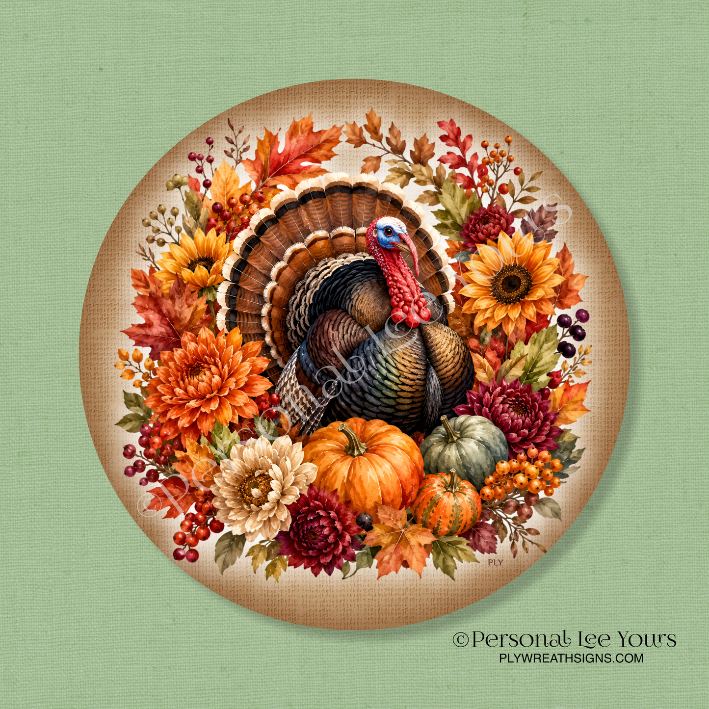 Wreath Sign *  Fall Turkey * Round * Lightweight Metal