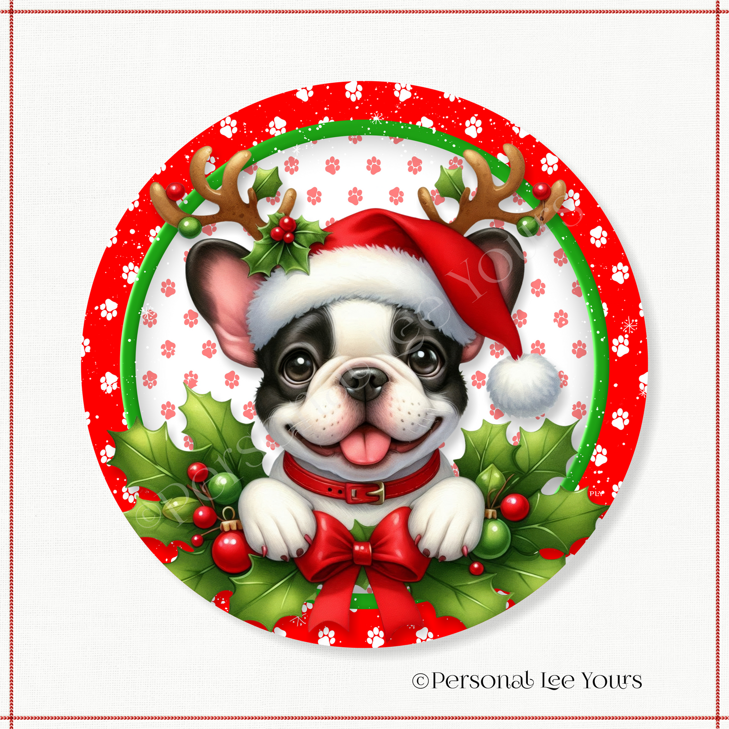 Holiday Wreath Sign * Christmas, French Bulldog * Round * Lightweight Metal