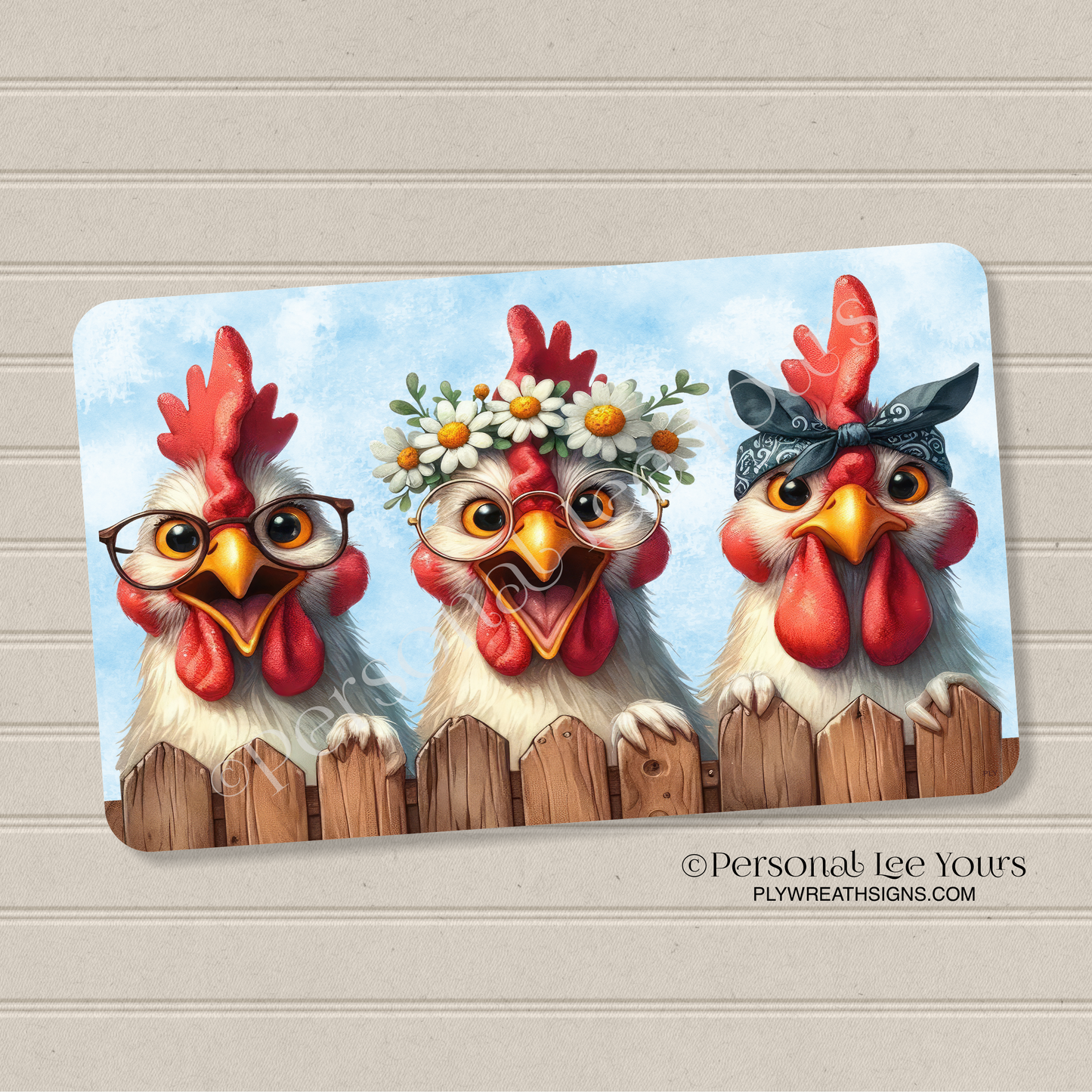 Wreath Sign * Funny Roosters * Horizontal *  4 Sizes * Lightweight Metal