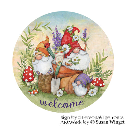 Susan Winget Exclusive Sign * Garden Pots Gnomes * Welcome * Round * Lightweight Metal