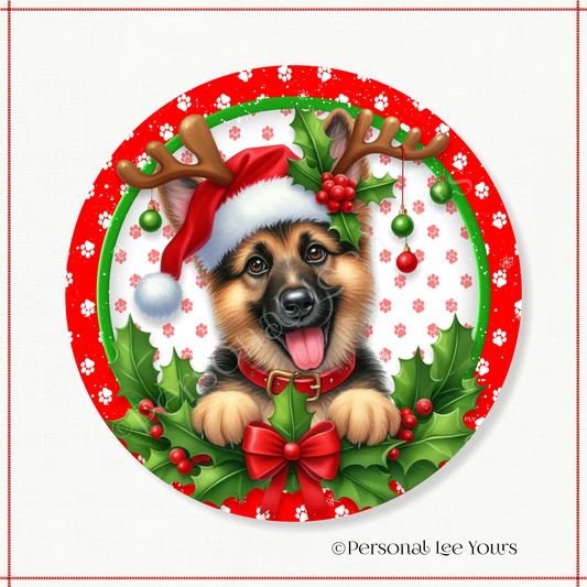 Holiday Wreath Sign * Christmas, German Shepherd * Round * Lightweight Metal