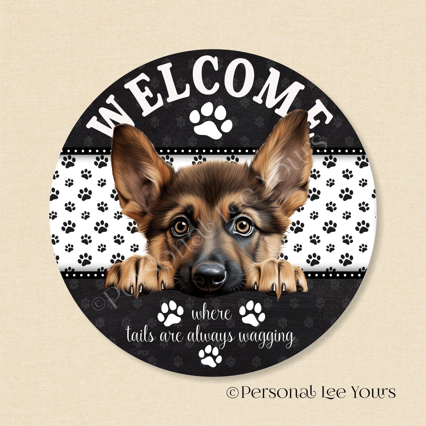 Peeking Pups Wreath Sign * German Shepherd *  Round * Lightweight Metal