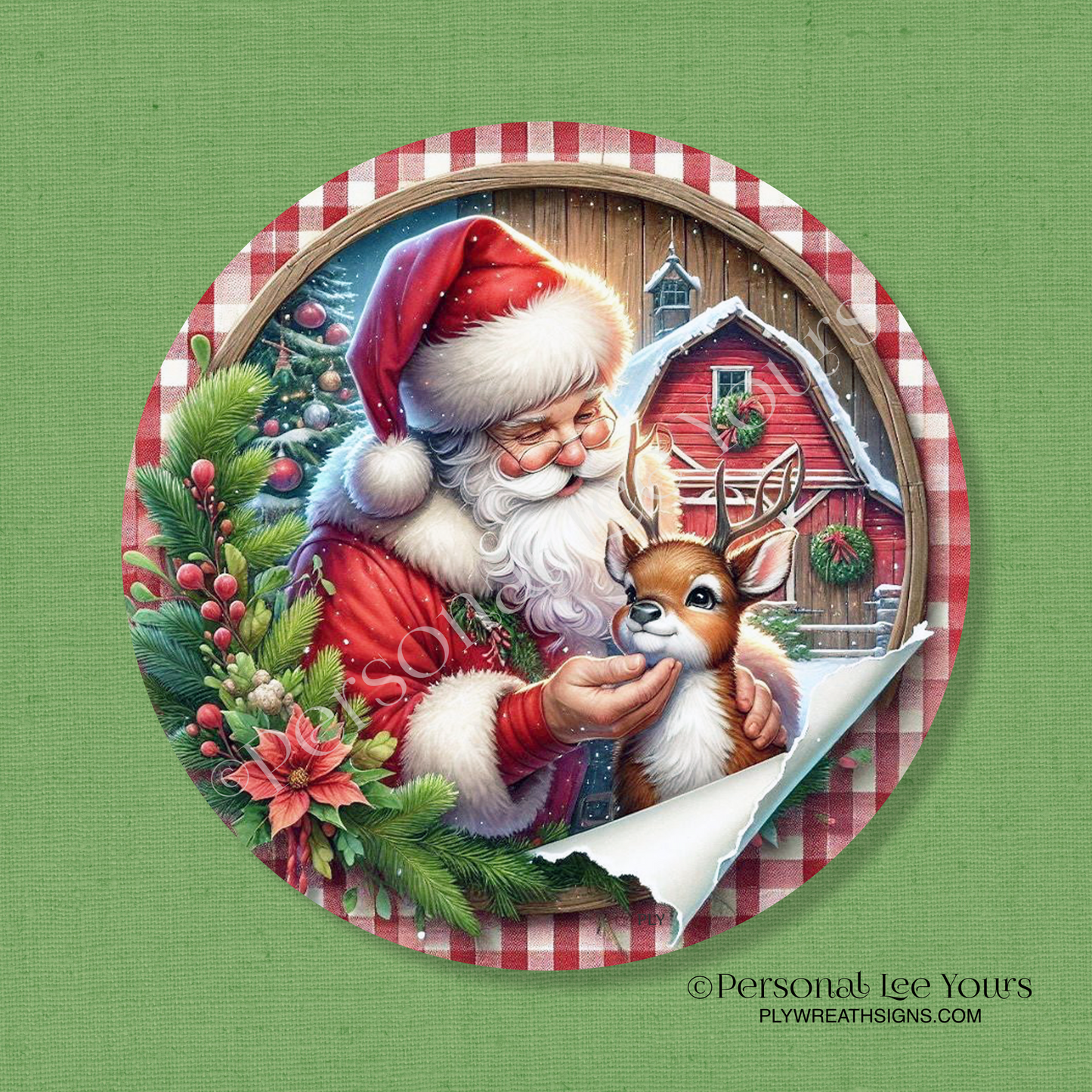 Winter Wreath Sign * Gingham Santa * Round * Lightweight Metal