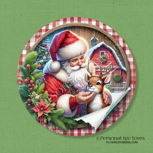 Winter Wreath Sign * Gingham Santa * Round * Lightweight Metal