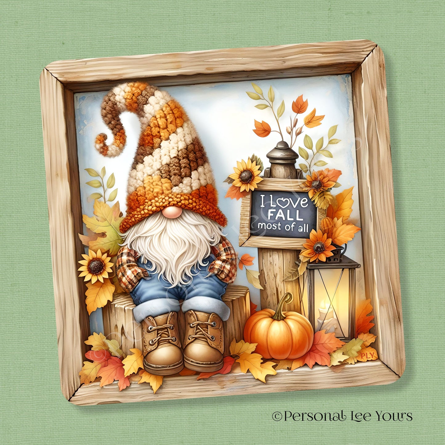 Wreath Sign * Autumn Gnome, I Love Fall Most Of All * Square * 3 Sizes * Lightweight Metal