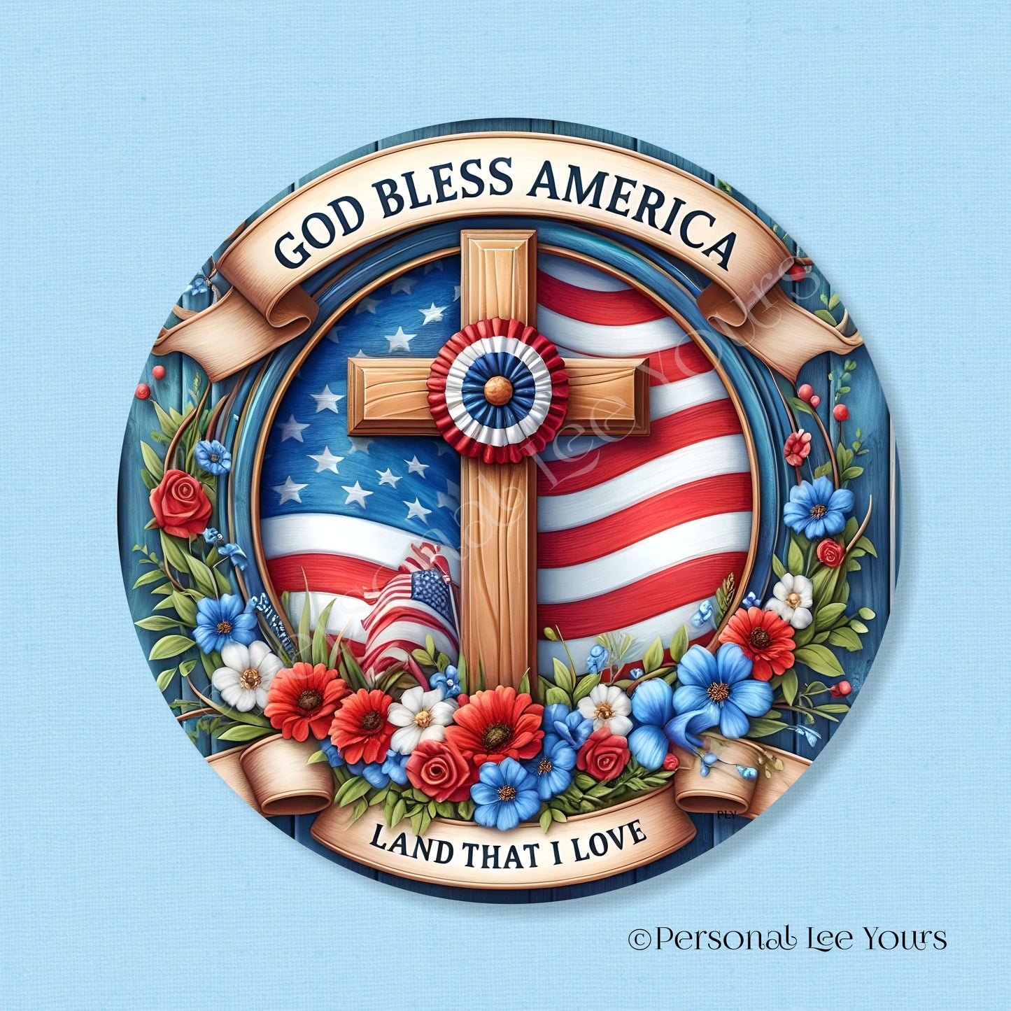 Wreath Sign * God Bless America with Rosette * Round * Lightweight Metal