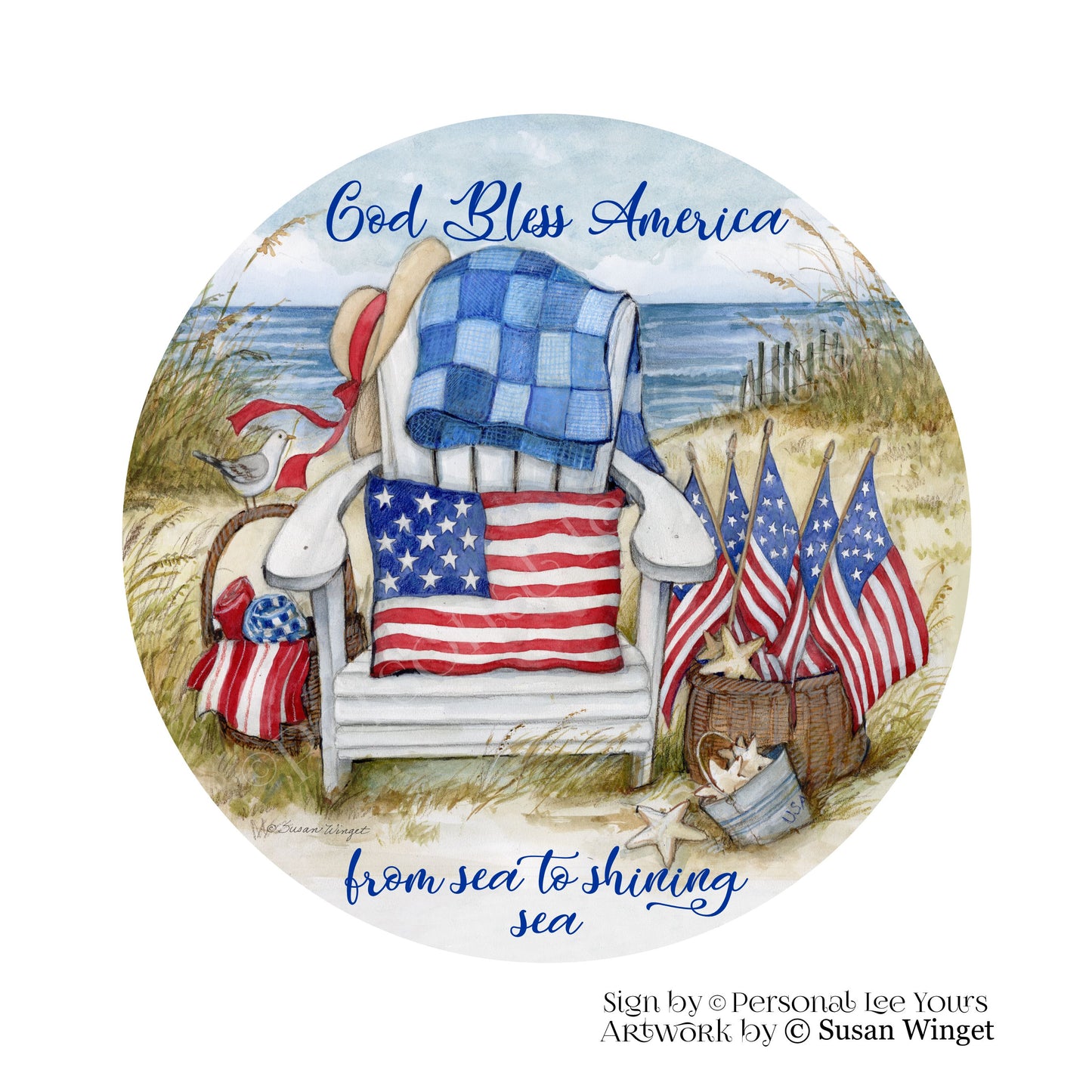 Susan Winget Exclusive Sign * God Bless American From Sea to Shining Sea * Round * Lightweight Metal