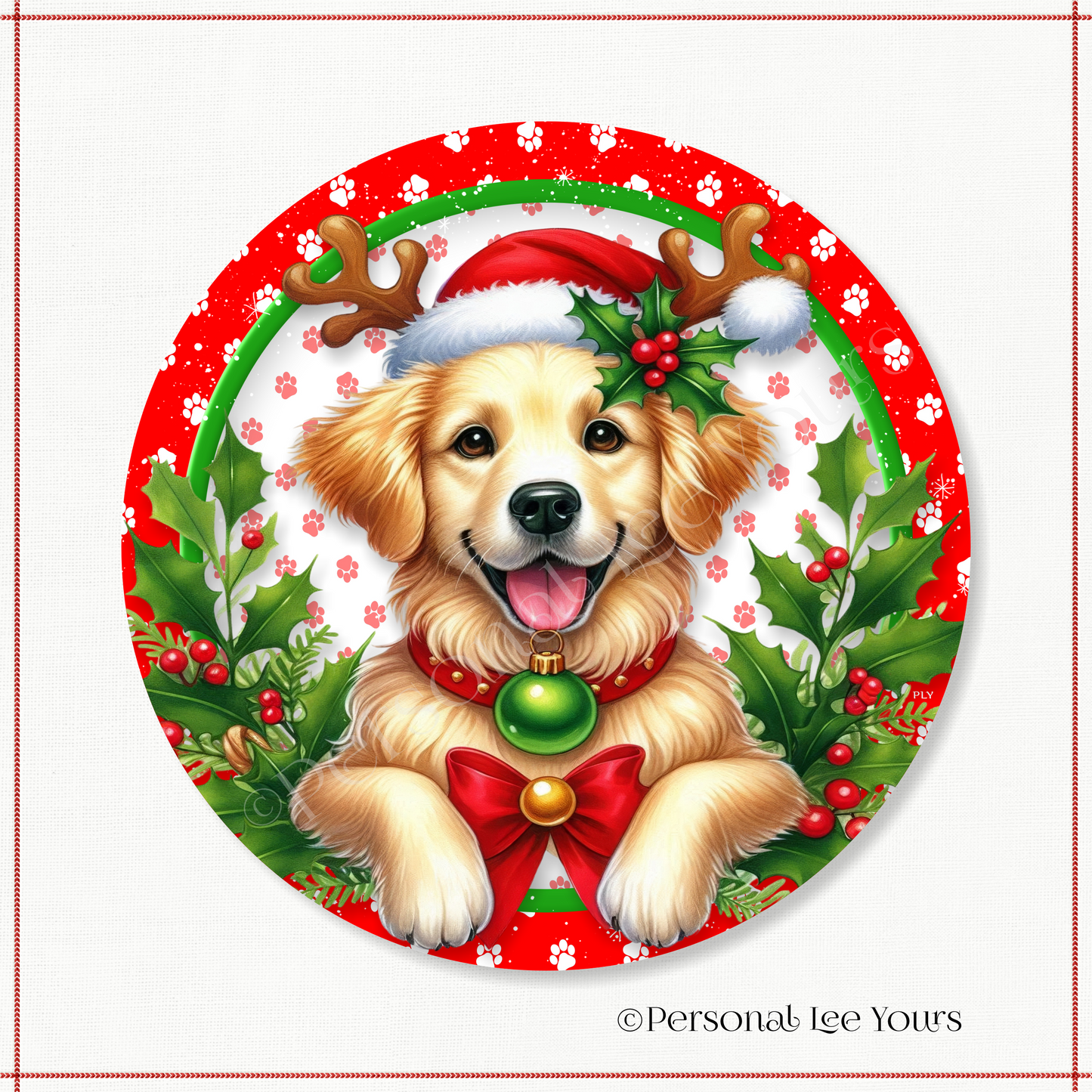 Holiday Wreath Sign * Christmas, Golden Retriever * Round * Lightweight Metal